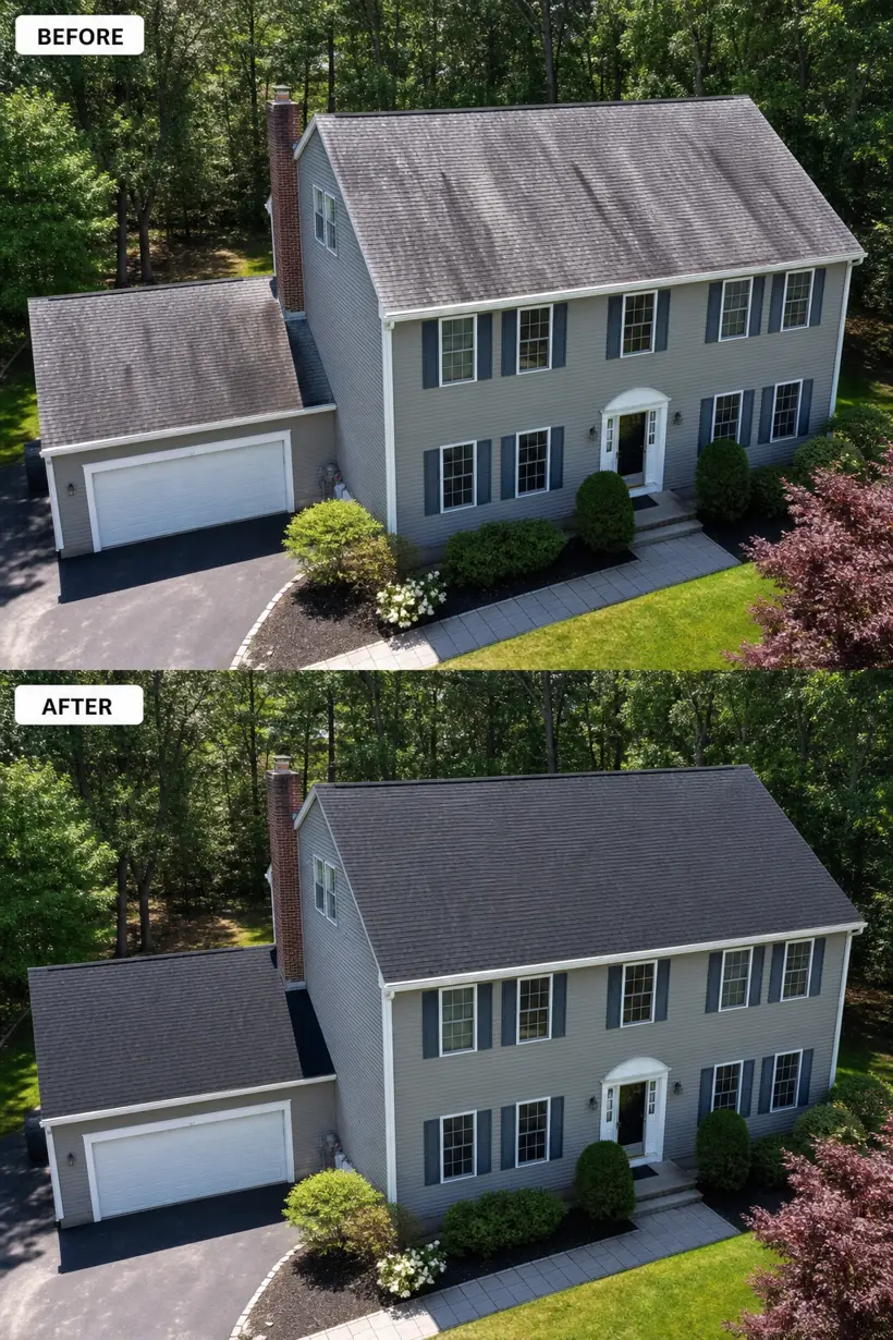 Before and after roof rejuvenation — colonial home